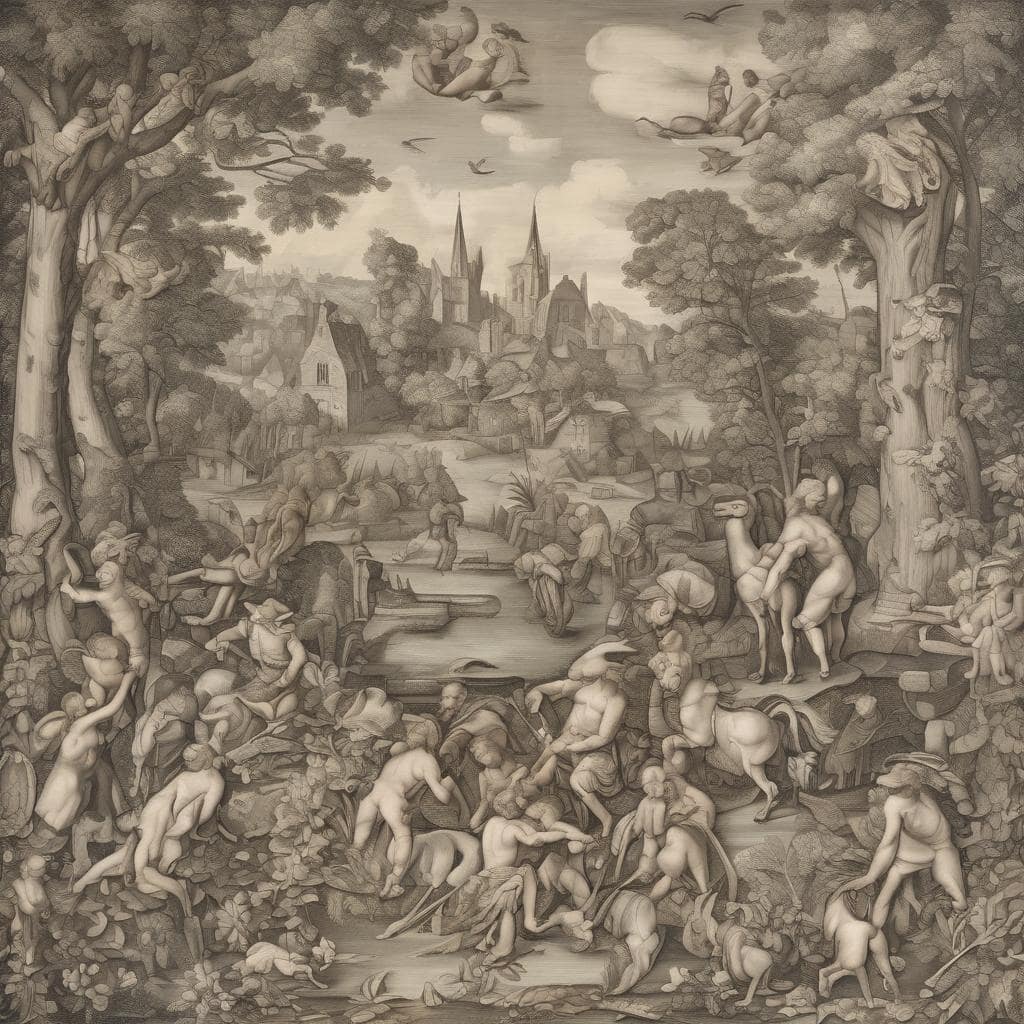 Πλούσια λεπτομέρεια και δημιουργική έκφραση στην τέχνη του αναγεννησιακού τοπίου με ανθρώπινες μορφές και φανταστικά στοιχεία, αποτυπώνοντας τη δρόμους της πειραματικής τέχνης με καλλιτεχνική και δημιουργική προσέγγιση.