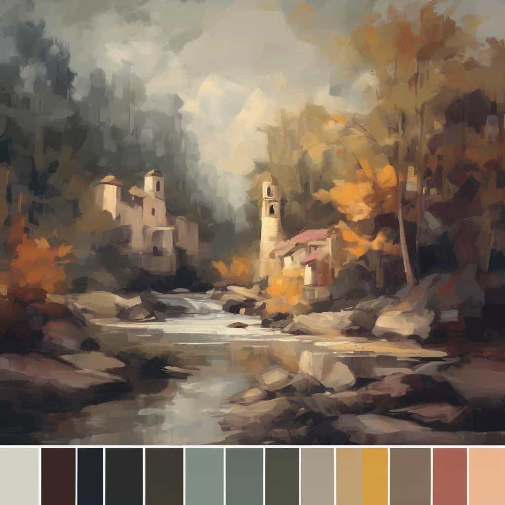 Αρχαία εκκλησίες σε ποταμό με φθινοπωρινά δέντρα, σε καλλιτεχνικό πειραματικό στυλ ζωγραφικής, που αναδεικνύει την δημιουργική πειραματική τέχνη και το αρχιτεκτονικό τοπίο.