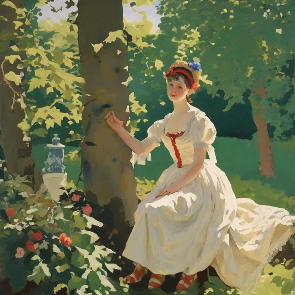 Γυναίκα σε παλιό ρούχο σειστρέλ σε δάσος με λουλούδια και γέρικο δέντρο, εικόνα ζωγραφικής εμπνευσμένη από πειραματική τέχνη και καλλιτεχνικό έργο.