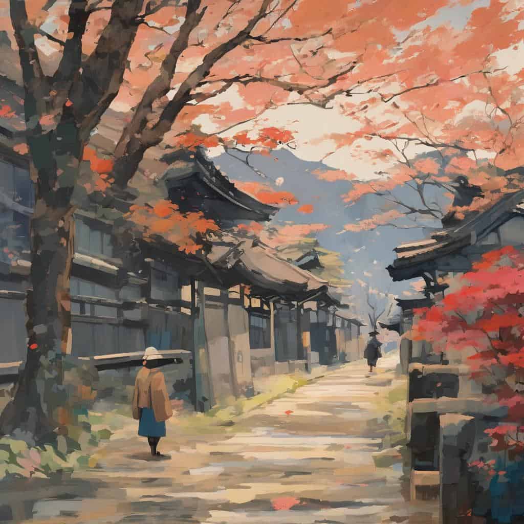 Λεζάντα: Παραδοσιακοί δρόμοι της Ιαπωνίας με φθαρμένα ξύλινα σπίτια και κόκκινους μήνυμα και τα φύλλα φθινοπώρου σε μια γωνιά σε ένα ήρεμο σκηνικό.