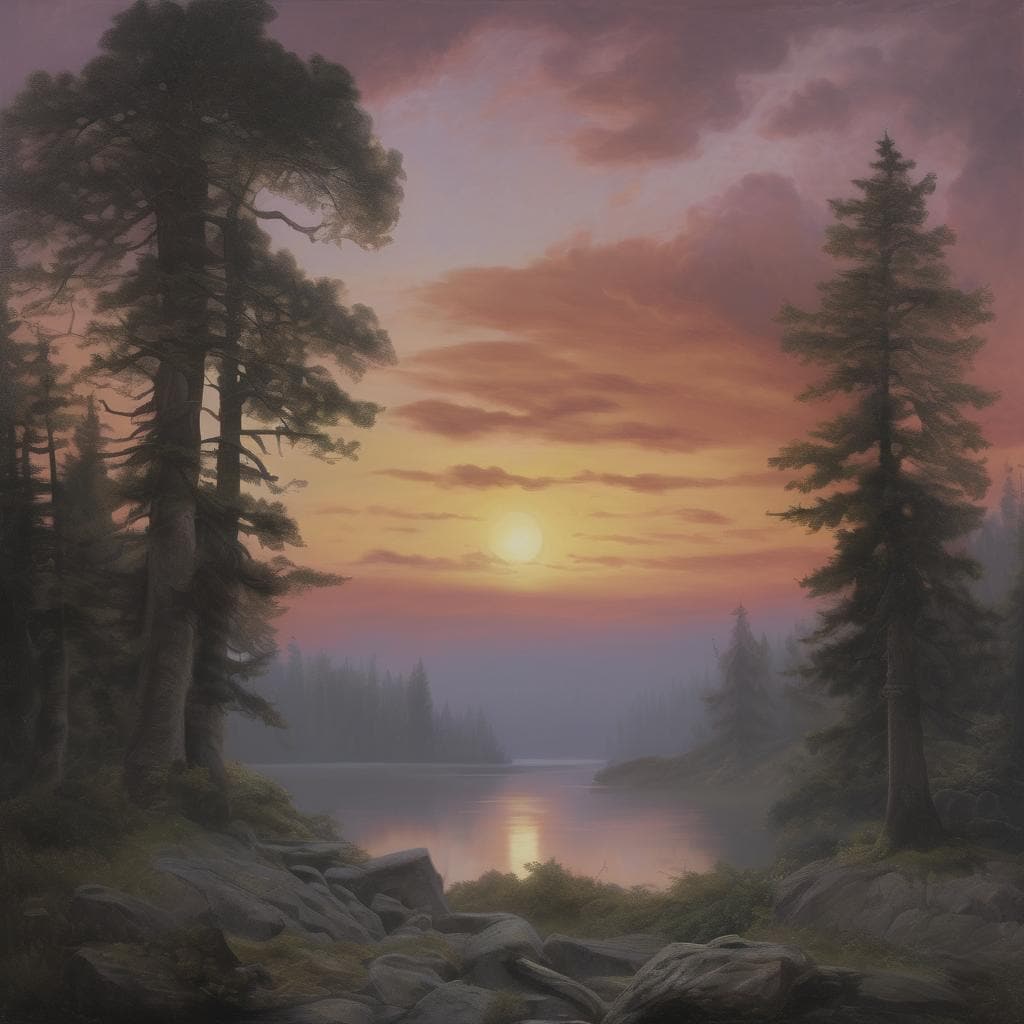 Λιμνη με δέντρα και ουρανό την ώρα του ηλιοβασιλέματος, πνευματική τοπιογραφία, καλλιτεχνική τέχνη, πειραματική τέχνη, σύγχρονη ζωγραφική, τοπία της φύσης, ονειρεμένο φυσικό τοπίο, ρεαλιστική τέχνη, ρομαντικά τοπία, τέχνη των πειραμάτων, περιβαλλοντική τέχνη, καλλιτεχνική δημιουργία, φανταστική φύση, απομίμηση φυσικών σκηνών, μεταμοντέρνα καλλιτεχνική έκφραση.