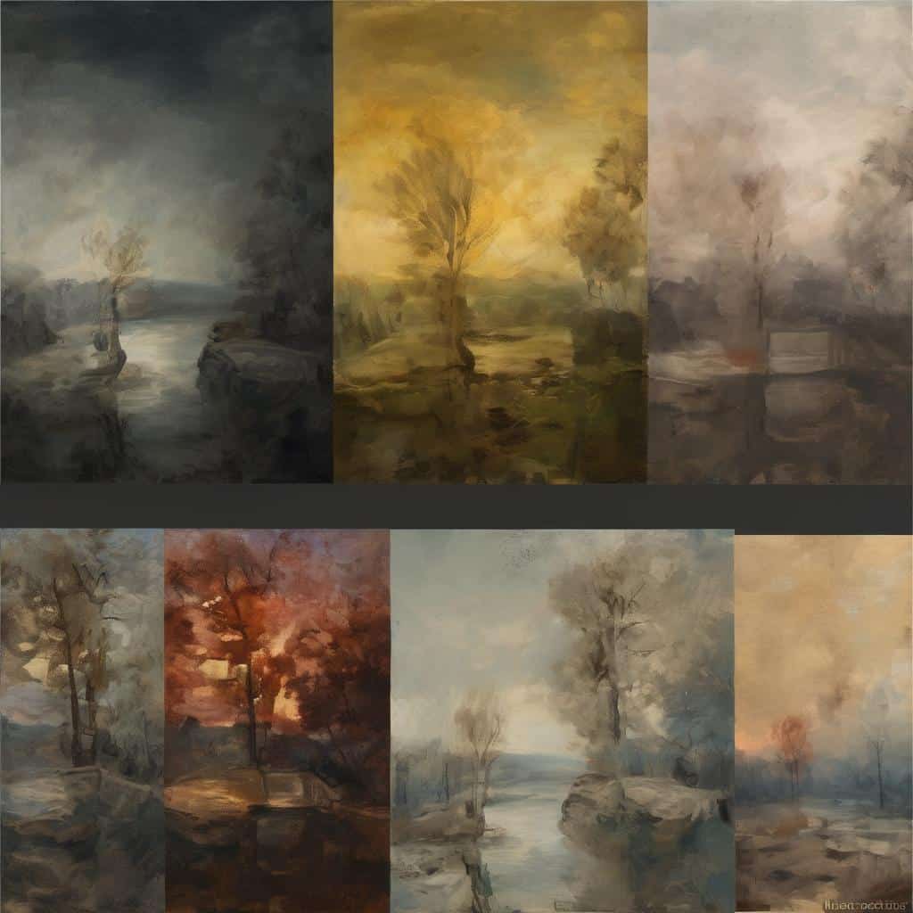 Ντεκωδικά τοπία σε πειραματική τέχνη με ατμοσφαιρική εστίαση και δυναμική χρήση χρωμάτων, εξερευνώντας τις δρόμους της πειραματικής τέχνης με ζωγραφική ατμόσφαιρα και καλλιτεχνική δημιουργία.